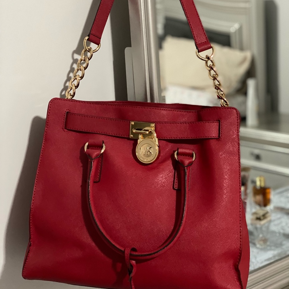 Michael Kors Hamilton large Saffiano Leather lock and key red bag